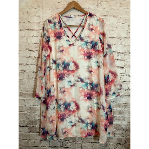 Pink Blush Dress Womens Large ? Pink Watercolor Floral Shift Long Sleeve Flowy - Picture 1 of 12